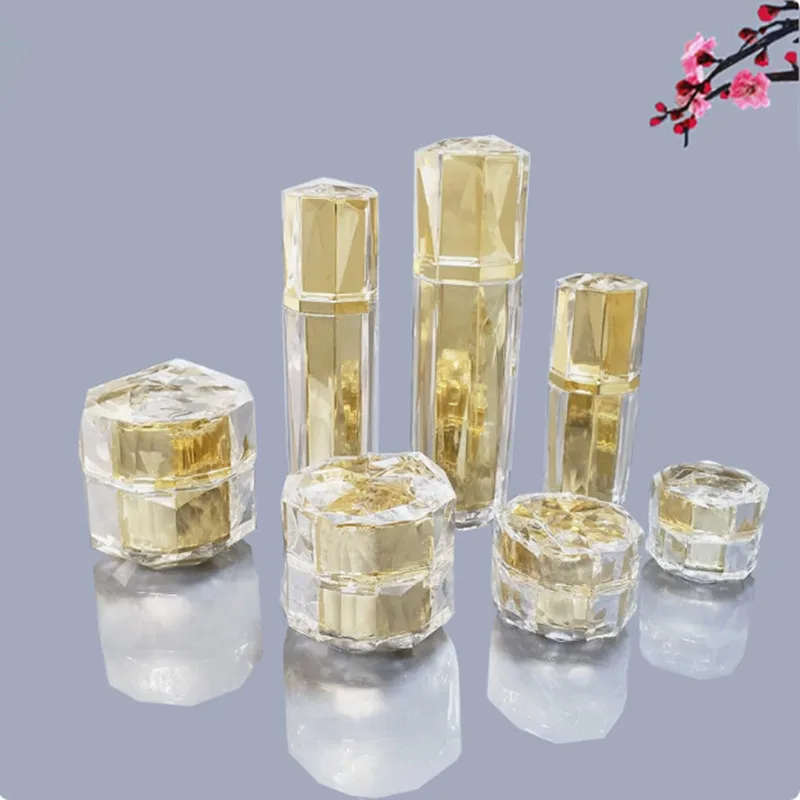 7pcs Champagne Gold/Gold Empty Spray Bottle Essence Lotion Pump Bottle Acrylic Cream Jar Cosmetic Container Bottle 10g 30g 50g