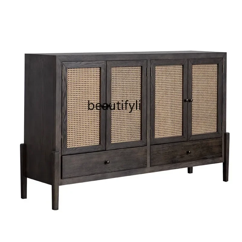 

Rattan Storage Cabinet Small Apartment Home Solid Wood Vintage Sideboard Cabinet Designer Creative Wall Tea Cabinet