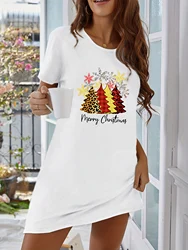 Label Size Women's Summer Casual Short Sleeve T-Shirt Dresses Nightgowns Casual O Neck Christmas Tree Printed White Dresses New