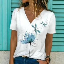 Fashion Ladies T-Shirt 3D Dragonfly Print Topsummer Women Short Sleeve V-Neck Oversized T Shirt for Women White Casual Clothes