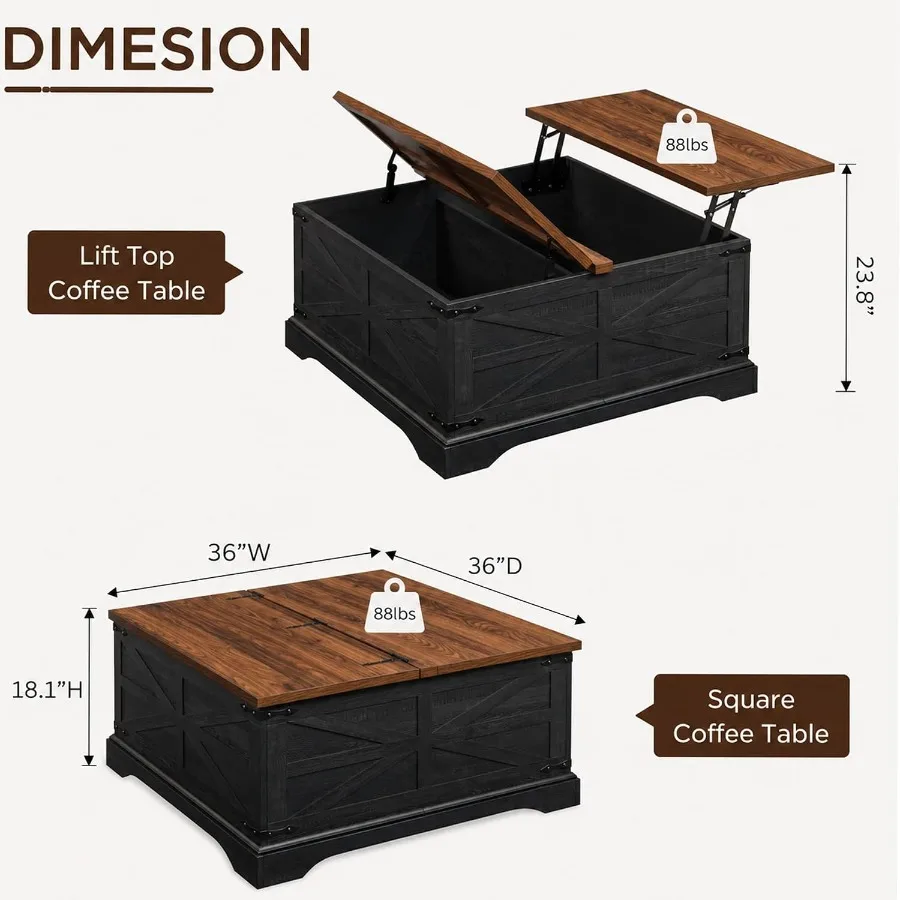 Farmhouse Square Lift-Top Coffee Table with 36 Large Storage, Solid Wood, Natural Finish, Hidden Compartment Smooth Hydraulic L
