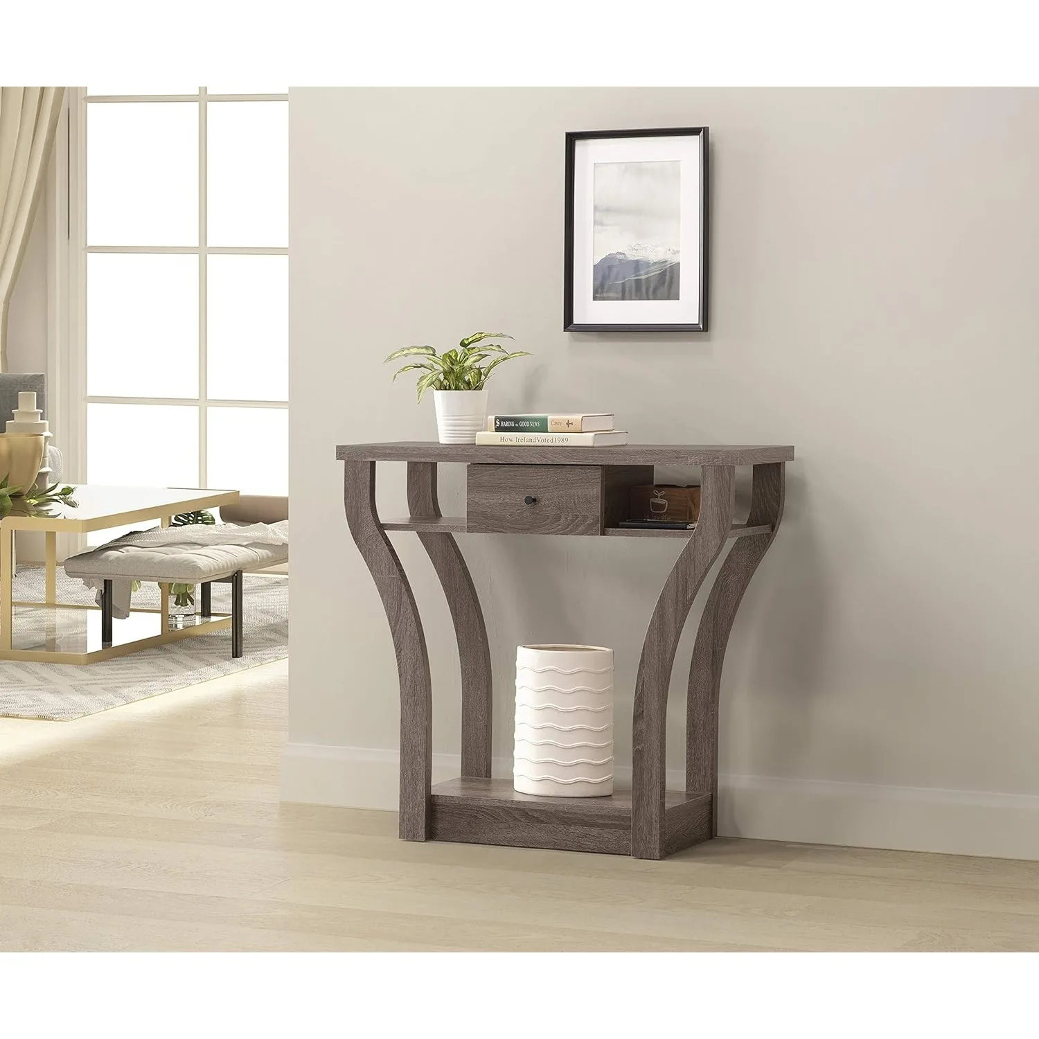 

Weathered Grey Finish Curved Console Sofa Entry Hall Table with Shelf/Drawer