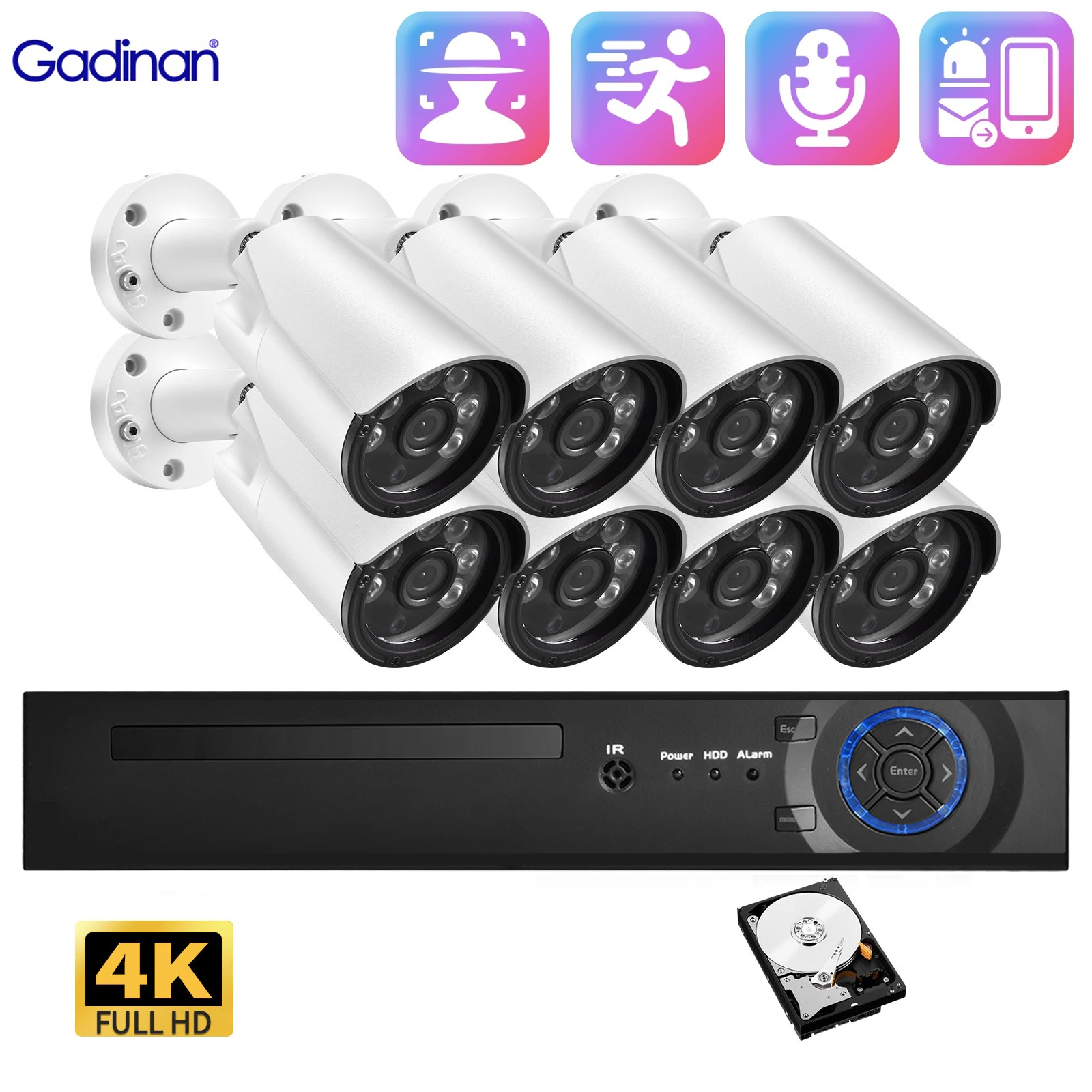 Gadinan Outdoor Audio IP Camera Motion Detection & Alarm Alert 8CH 8MP Face Detection ONVLF CCTV Video Monitoring Kit XMEYE