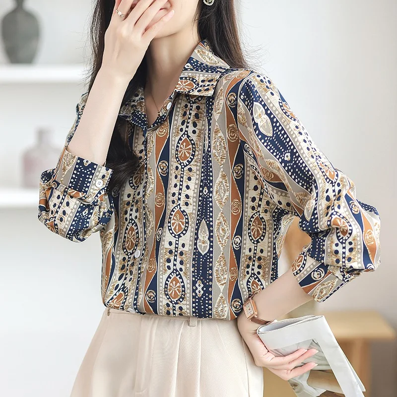 Spring Summer New Vintage Floral Print Long Sleeve Women's Chiffon Shirt Bohemian Style Floral Inner Force Elegant Casual