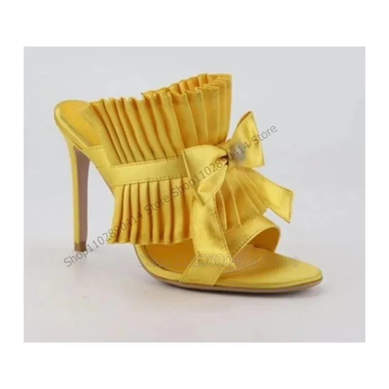 รองเท้าส้นสูงแบบเปิดนิ้วเท้า ดีไซน์จีบประดับโบว์หลากสี แฟชั่นใหม่ 2023 รองเท้าผู้หญิง