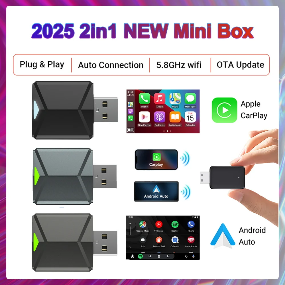 2in1 Wireless&Wired CarPlay Adapter Plug&Play Apple CarPlay Box Android  Auto Screen Fast Connect Wifi BT Connect OTA Upgrade