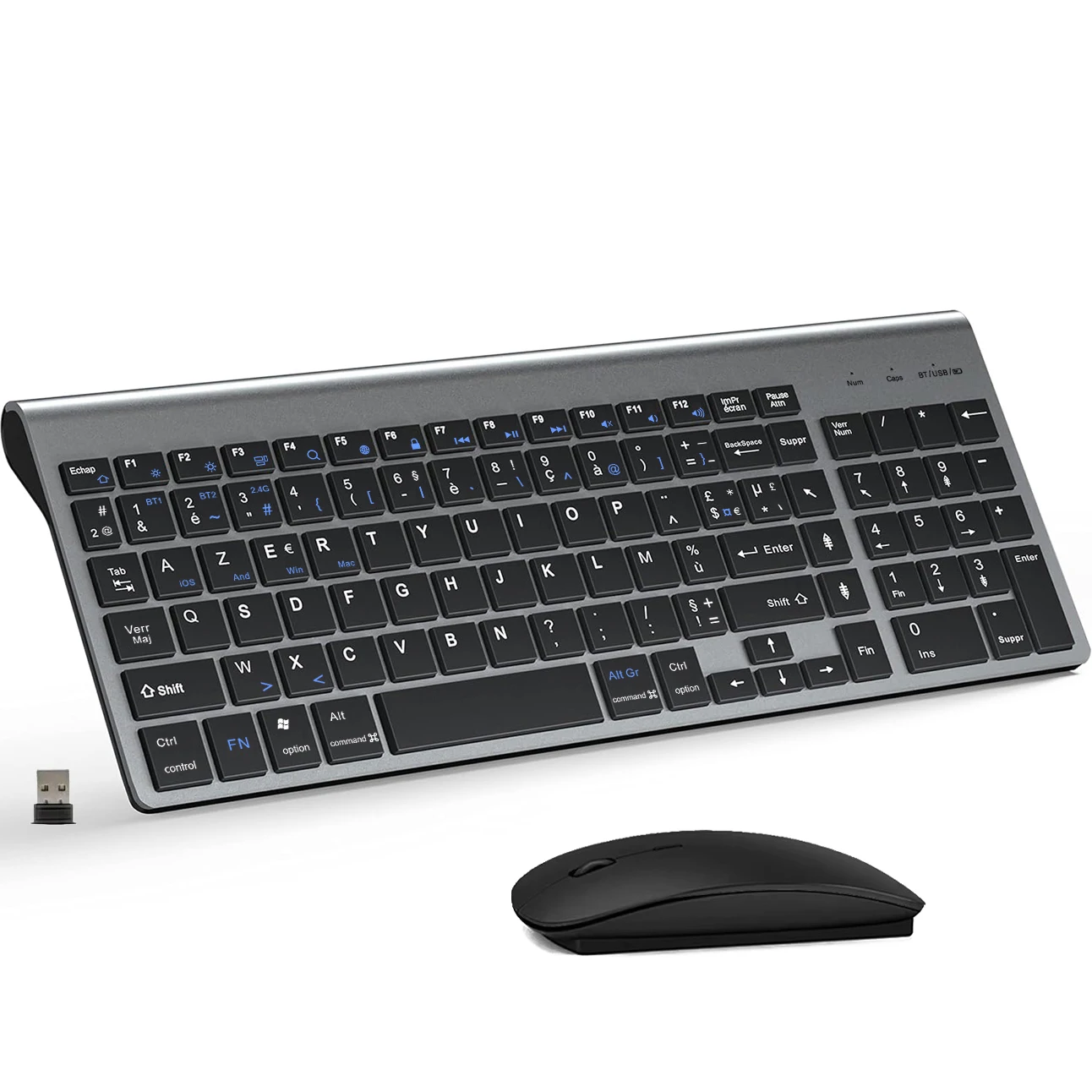 Klawiatura i mysz Bluetooth w układzie AZERTY, francuskie, ultracienkie, dwutrybowe, trzyczęściowe, do PC, laptopa, Windows, IOS, Mac, Android — zdjęcie produktu 7