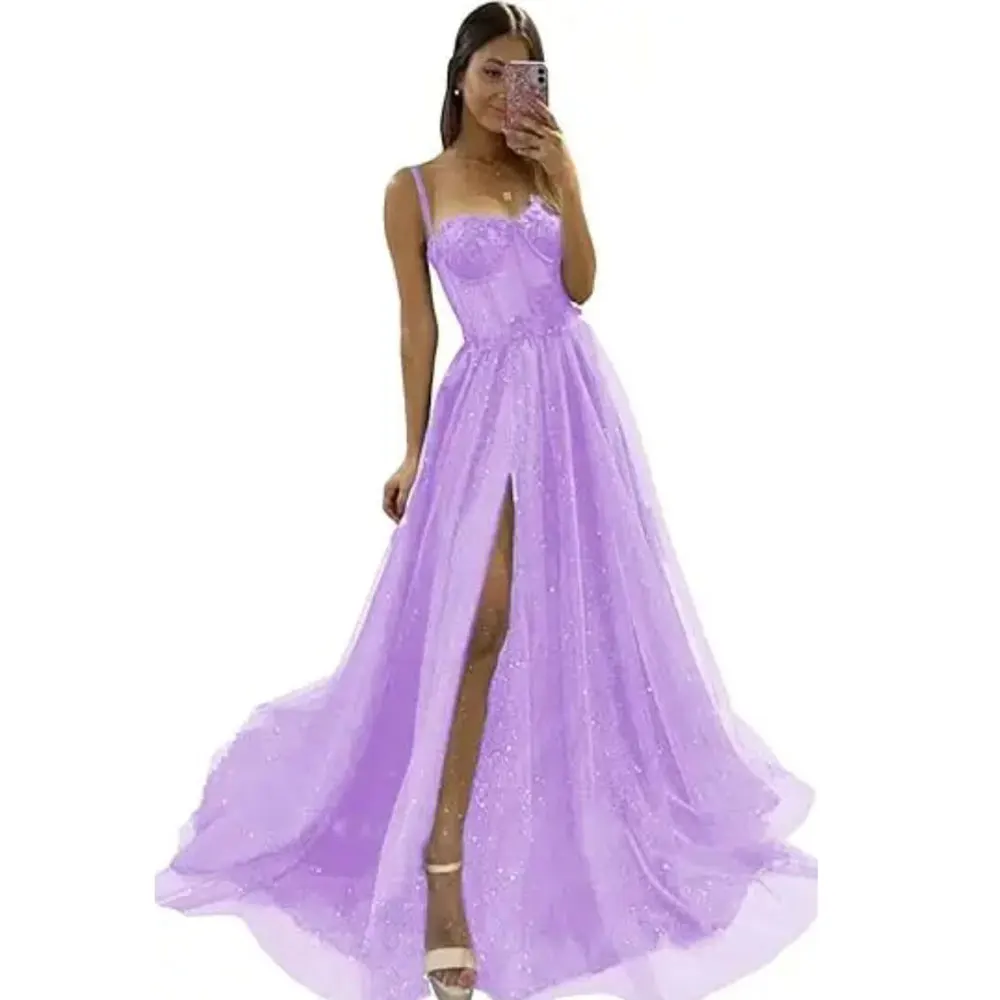 New Style Lace Tulle Evening Dresses Spaghetti Straps Sexy High Slit Long Formal Gowns Vestidos De Noche Largos Elegantes 2024