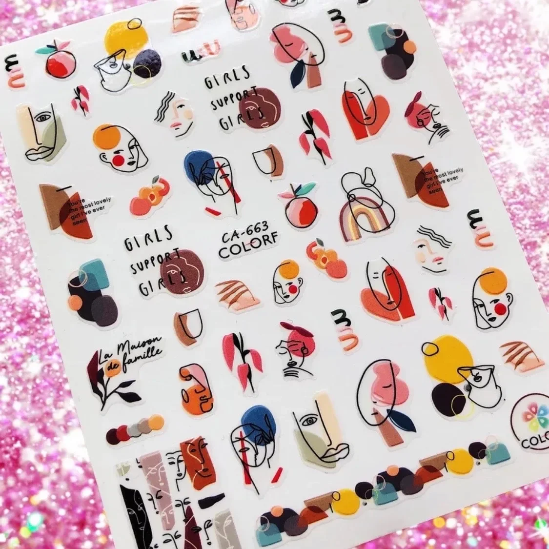 컬러 추상 얼굴 기하학적 선 3D 백 글루 네일 스티커 네일 아트 장식 셀프 접착 네일 장식품 HL101