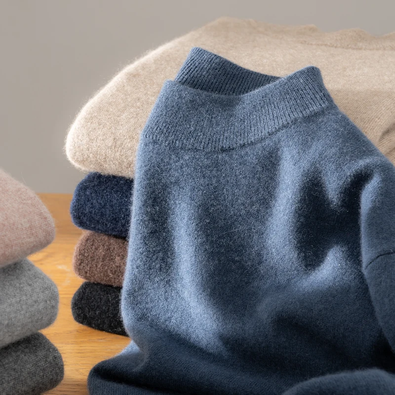 

Vintage Men's Mock-neck Cashmere Sweater Pullover Autumn Winter Twist Flower 100% Cashmere Knitwear Long Sleeve Soft Clothing