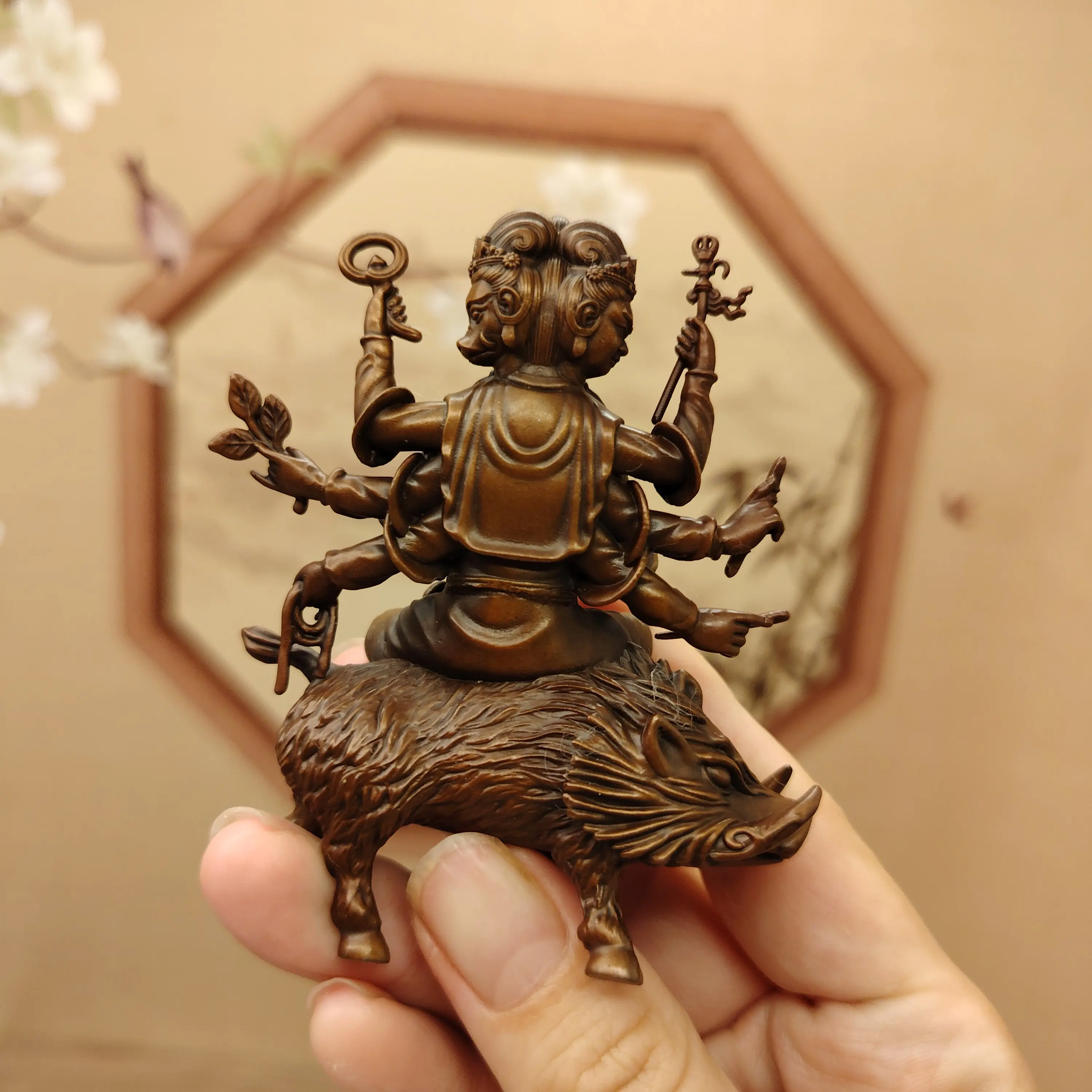 Tibetan Ethnic Fine Copper Marichi Four-Armed Boar-Riding Goddess Statue 8cm Home Desktop Blessing