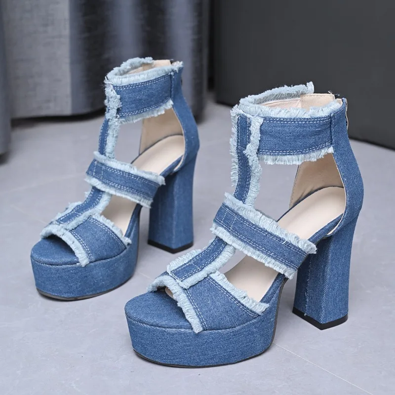 

Summer Women's Cool Boots Fashion Thick Heel High Heeled Sandals Classics Denim Hollow Out Cool Boot Luxury Platform Women Shoes