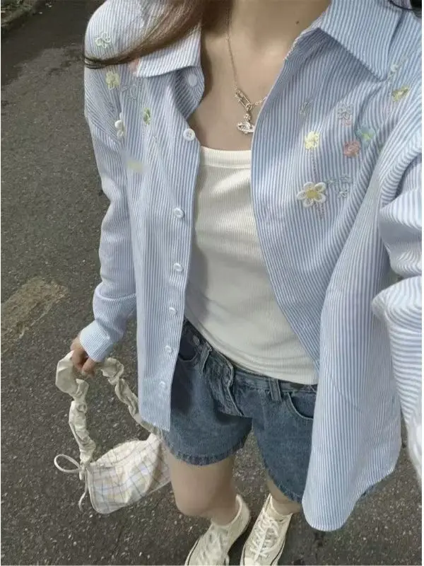 

Trendy Loose Yellow Striped 3D Flower Embroidery Women's Shirt Jacket Early Spring Thin Sun Protection Long Sleeve Top