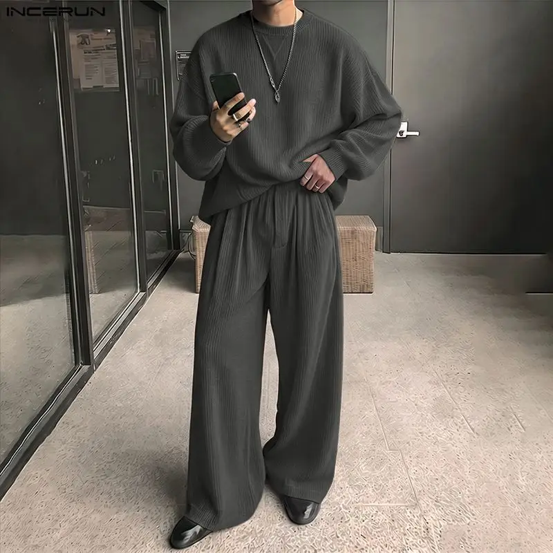 Men's Sets Solid Oversize Spring Autumn Long Sleeve T Shirt Pants Two Piece Sets Tracksuits Fashion Men Matching Sets INCERUN