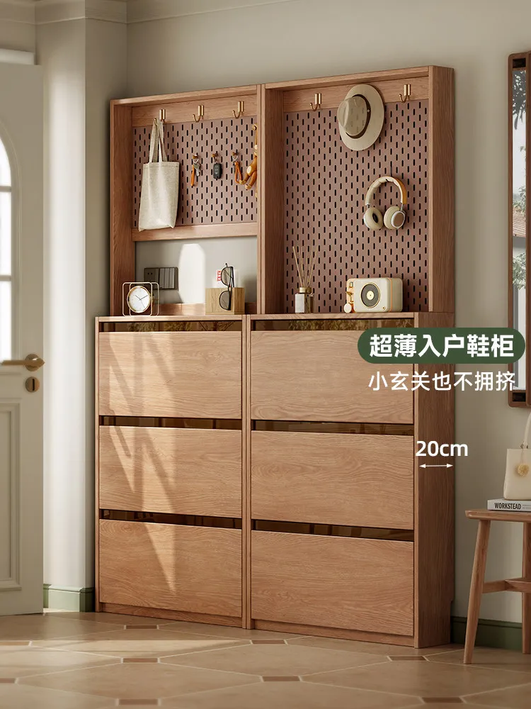 All solid wood home shoe cabinet integrated against the wall ultra-thin tipping bucket cabinet living room oak porch cabinet