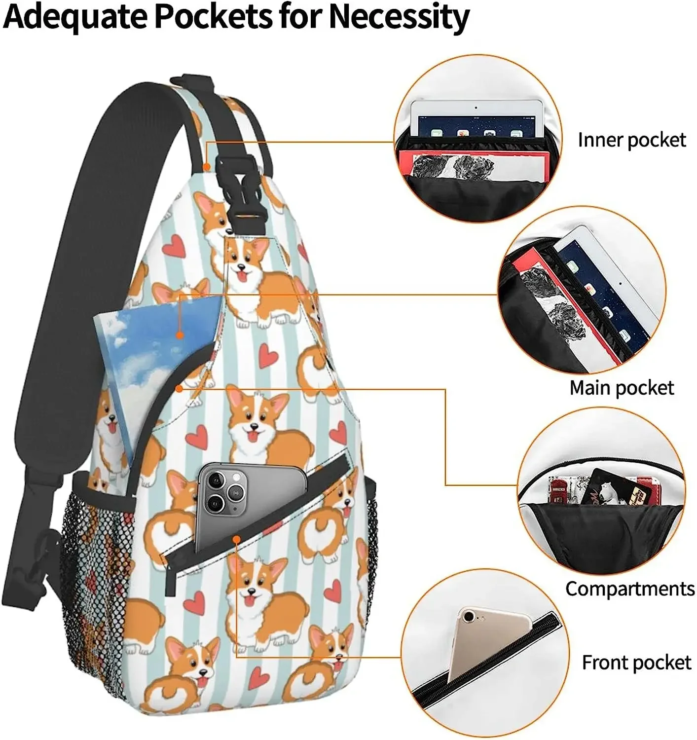 Kawaii Dog Sling Bag Reizen Crossbody Rugzak Borst Wandelen Daypack Casual Schoudertassen Voor Dames Heren Met Riem Lichtgewicht