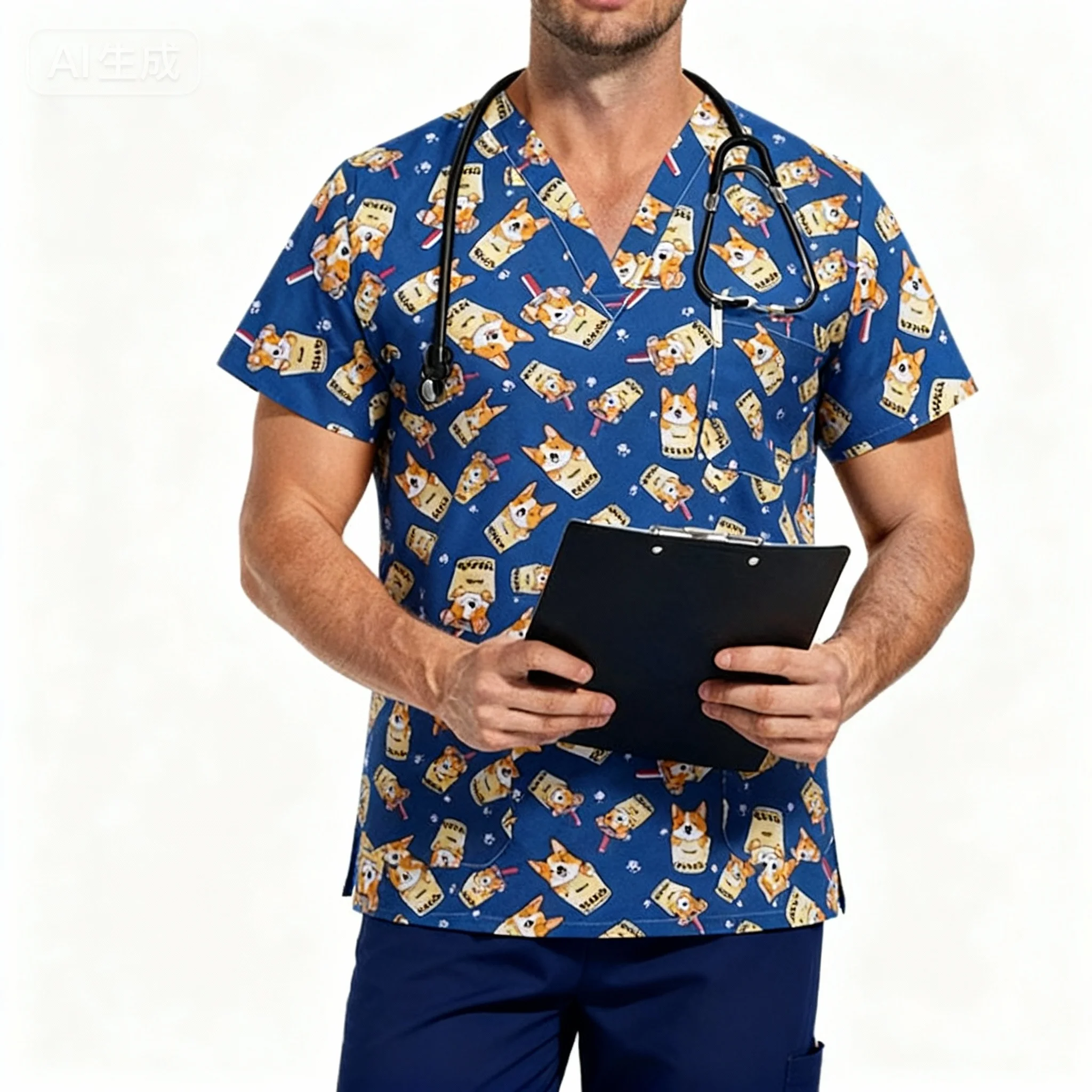 قمصان جديدة زي ممرضة طبية طباعة زي عيد الميلاد الأحمر الرجال الخامس الرقبة قصيرة الأكمام جيوب التمريض الدعك السريري #4