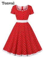 Tonval-vestido Rockabilly de lunares para mujer, Vestido largo de algodón de manga corta con un botón frontal, Patchwork, Vintage