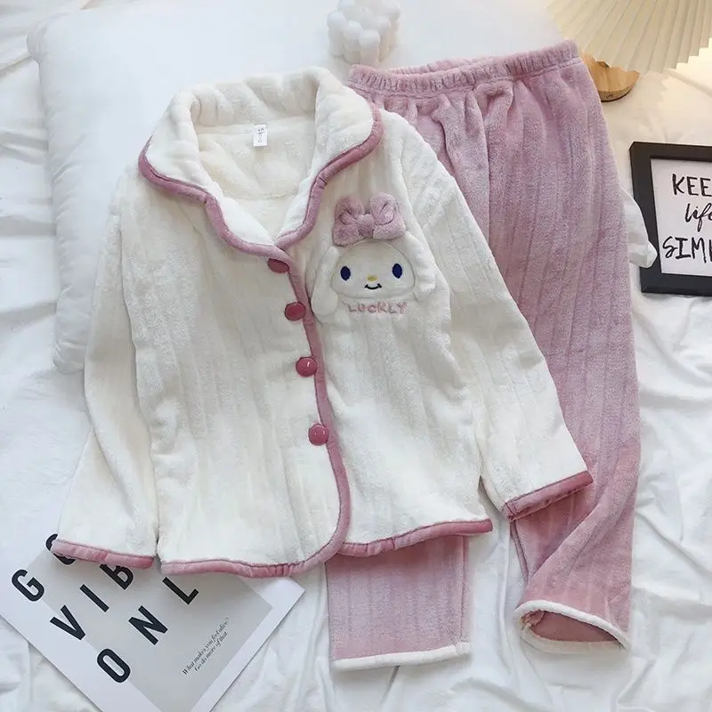 

Коралловые бархатные пижамные комплекты Sanrio для девочек Cinnamoroll, детский кардиган Kawaii с героями мультфильмов, одежда для отдыха, теплая осенне-зимняя одежда