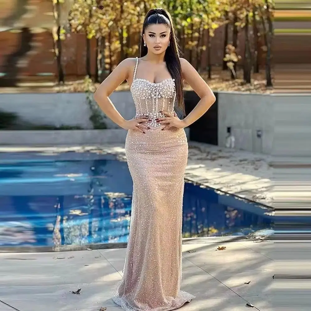 Beautiful Sequined Mermaid Prom Dresses With Pearls Beads Wedding Reception Dress Spaghetti Straps Pretty Special Occasion Gowns