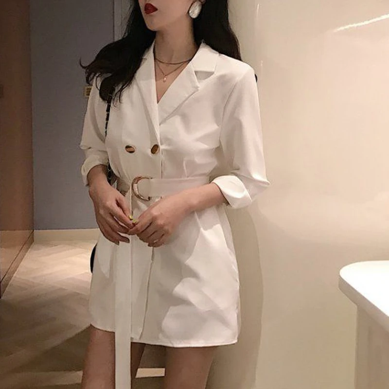 Spring Autumn Solid Color Tailored Collar Long Sleeve Blazers Women High Street Button Lacing Cardigan Elegant Mid-length Tops