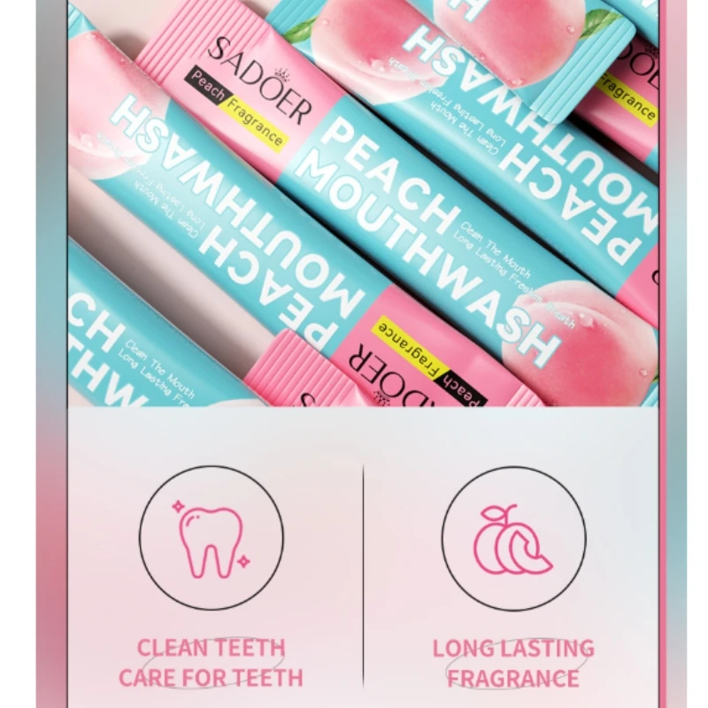 10ml*20 Pieces of Sadoer Peach Mouthwash Is Rich in Peach Extract, Menthol, and Has a Sweet Peach Scent, with a Unique and Pleasant Taste. It Freshens Breath, Eliminates Dead Spots, Improves Oral Environment, and Helps You Easily Say Goodbye to the Troubles Caused by Bad Breath. It Maintains Oral Health While Also Providing Fresh Breath. It Comes in Small Vacuum-Packed Sachets, Making It Convenient to Carry, Suitable for Both Home and Travel