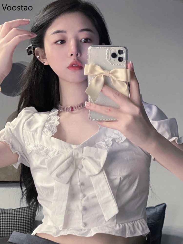 Sweet Lolita Bow T-Shirts Women Square Collar Short Sleeves High Waist White Crop Tops Female Ruffles Tee Shirt Elegant Clothes