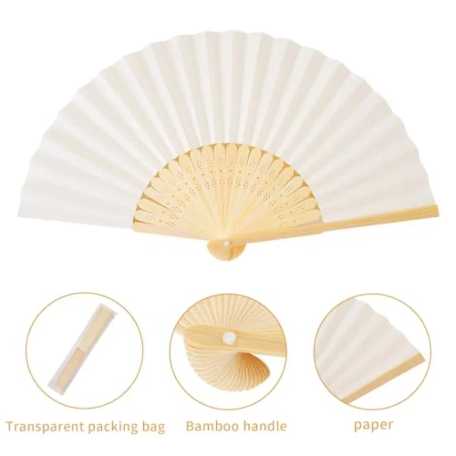 50pcs Cream-Coloured Paper Hand Fan Bamboo Folding, Handheld Paper Fan for Wedding Party and Home Decoration