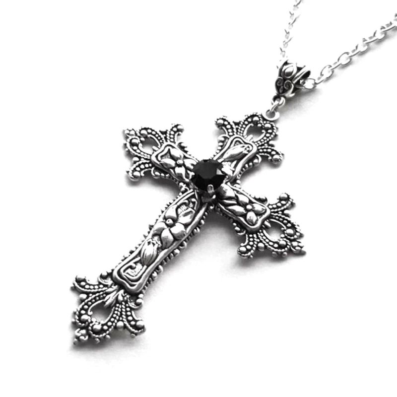 Vintage Baroque Christian Necklace For Women Man Silver Color With Crystals Gothic Crucifix Symbol Unisex Jewelry