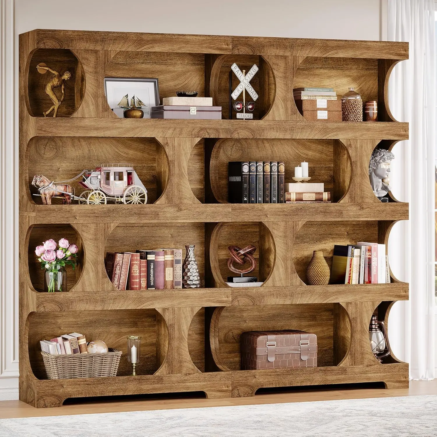 

71" Tall 4-Tier Asymmetrical Bookshelf Set of 2 Freestanding Display Shelf Living Room Home Office Brown Customized
