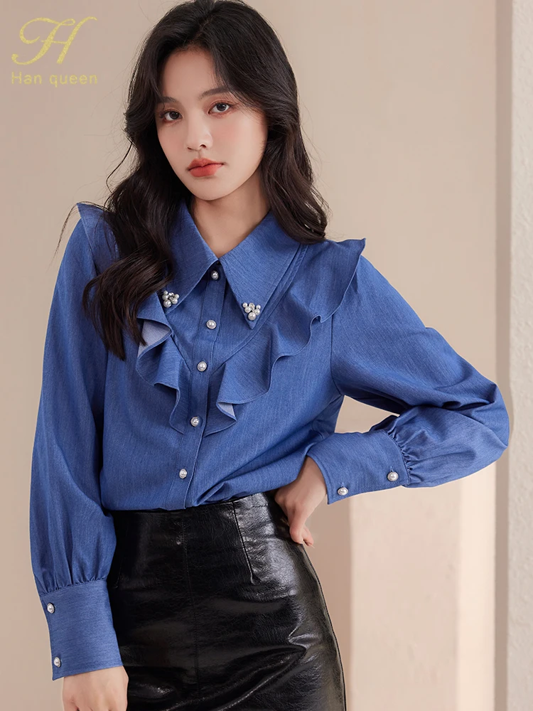 H Han Queen 2024 Autumn Vintage Bead Ruffles Office Lady Blouse Female Shirt Long Sleeve Casual Tops Korean Women Loose Blouses