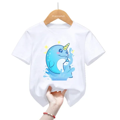 Футболка с акварельным принтом нарвала для девочек/мальчиков, радужная детская одежда, летняя футболка с коротким рукавом, детская одежда нарвал купить - №8