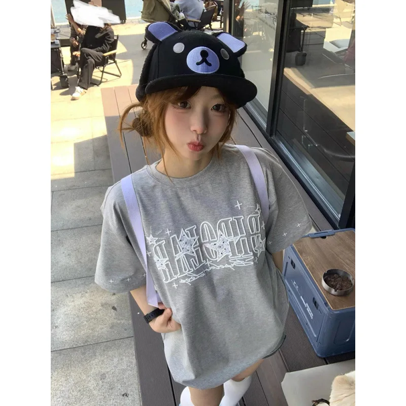 Women's Letter Print Summer T-Shirt, Star Print Tees Female, Casual Style 2025,short sleeve Tops Woman