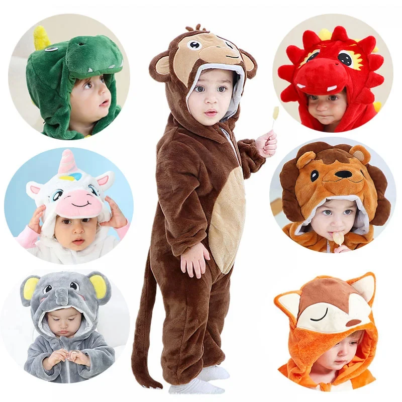 Kids Onesies Baby Rompers Winter Costume Flannel for Girl Boy Toddler Infant Clothes Animals Monkey Tiger Lion Unicorn Ropa Bebe