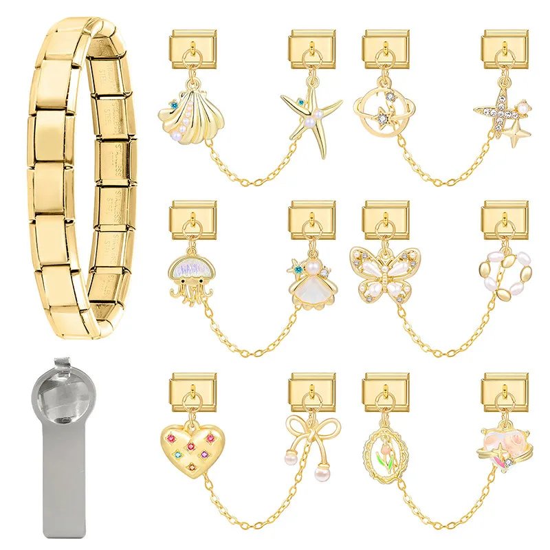 Gold Farbe Rosa Herz Stern Kirsche Mond Kette Quaste Italienischen Charme Link Fit 9mm Edelstahl Armband Frauen DIY Machen geschenke – Detail 8