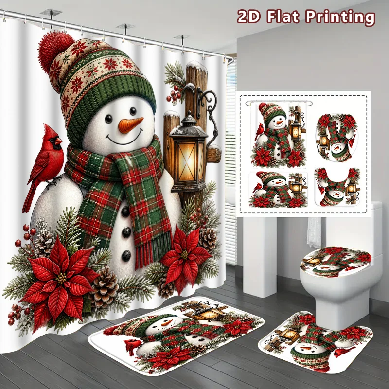 4pc 2D Flat Christmas Snowman Shower Curtain Set, Snowman & Cardinal Print, 3Pcs Matching Mats, Winter Home Bathroom Decor