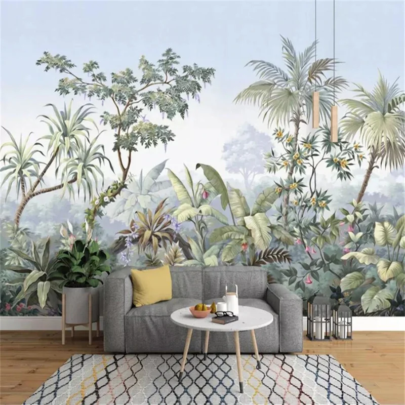 

Custom wallpaper 3D mural photo European-style hand-painted garden wood rainforest banana palm tree retro plants flamingo mural