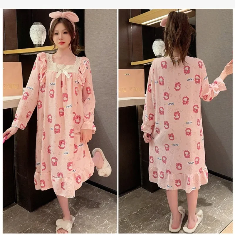 110kg 5XL Plus Size Cartoon Home Dress Korean Students Wrinkled Cloth Pajamas Autumn Long Sleeved Nightgown Princess Loungewear