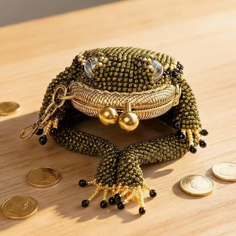 Novelty Beaded Frog Coin Purse Cute Animal Mini Crossbody Bag with Chain Handmade Style Kiss Lock Wallet for Women Girls Gift