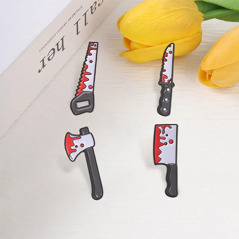 Dripping Blood Axe Knife Hand Saw Badge Enamel Pin Vintage Horror Halloween Movie Inspiration Badge Bag Lapel Brooch Jewelry Pin 3