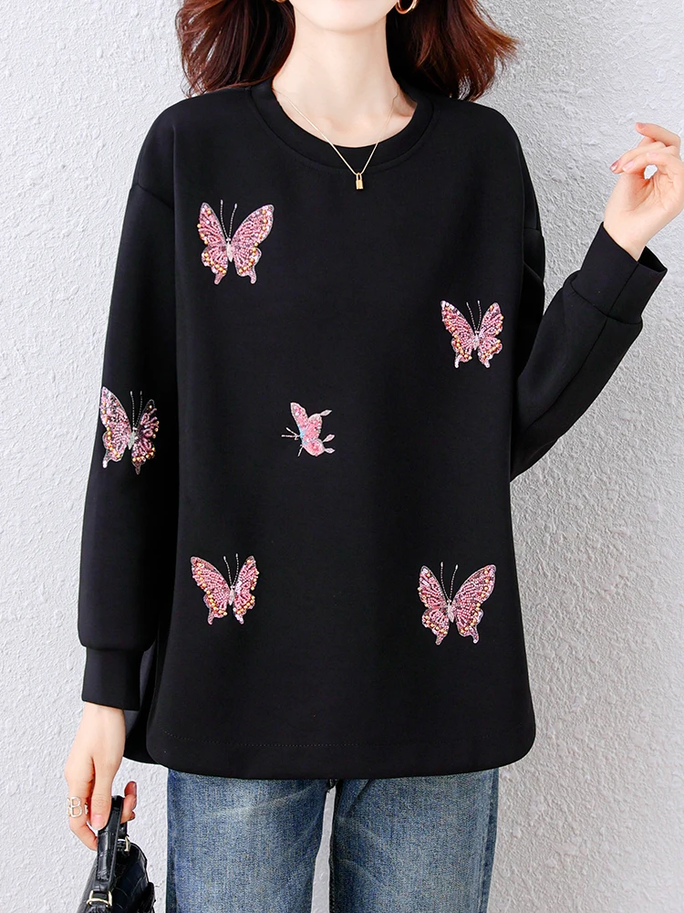 Women Sweatshirts Beaded Long Sleeve O Neck Black Sweatshirts Female 2024 New Fall Winter Pullover Loose Casual Oversized Jumper