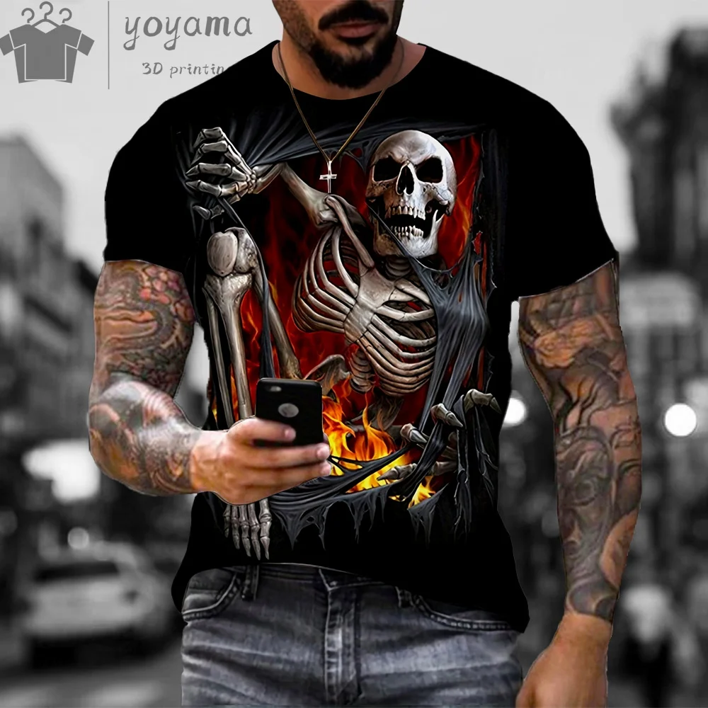تي شيرت رجالي كبير الحجم بطباعة جمجمة ، قمة جمجمة ثلاثية الأبعاد ، ملابس صيفية ، Y2K #5