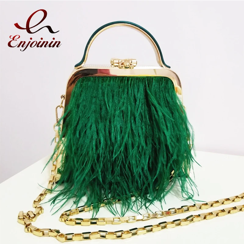 Luxury Real Ostrich Feather Box Shape Party Clutch Evening Bag Chic Design Purses and Handbags Female Chain Shoulder Bag Wedding