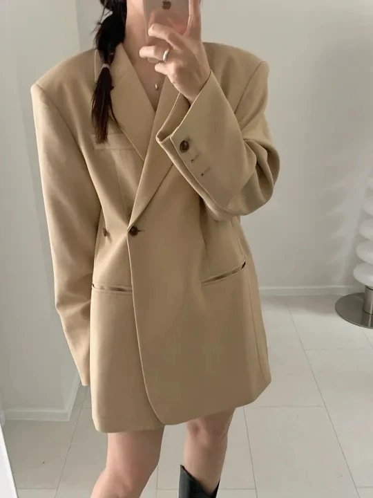 

Korean Sle Asymmetric Slit Suit Jaet Women's Loose Fit Trendy Workwear Long Sve Pure Color One Button Closure