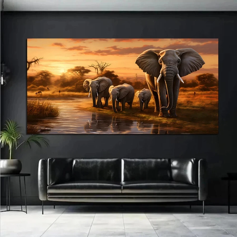 Vendita di pittura diamante di grandi dimensioni che cammina tramonto cascata africana famiglia di elefanti 5D fai da te mosaico completo ricamo