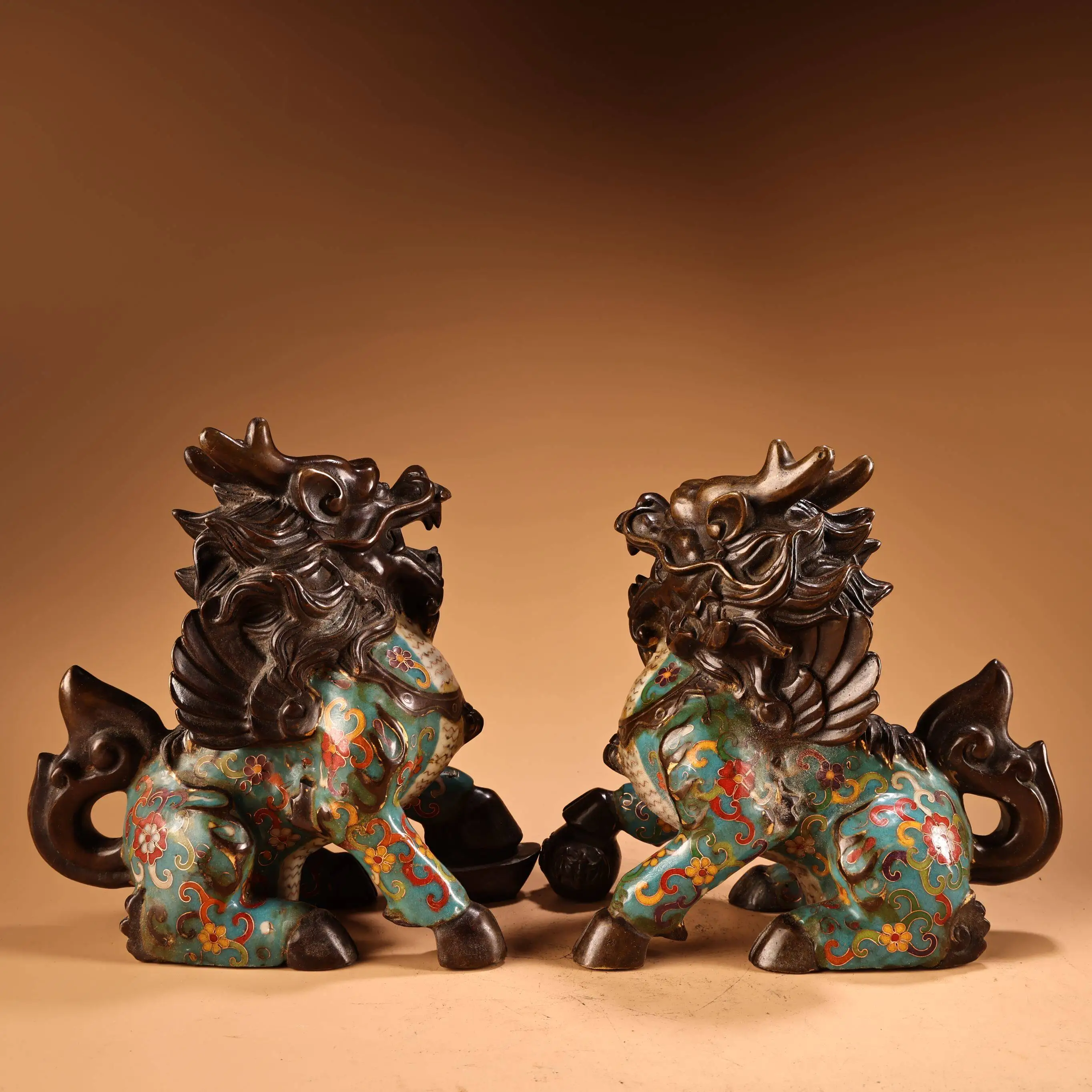 Vintage Chinese Cloisonne Enamel Qilin Mythical Beast Figurines Pair Heavy Patina Vivid Expression Fine Craft Collectible