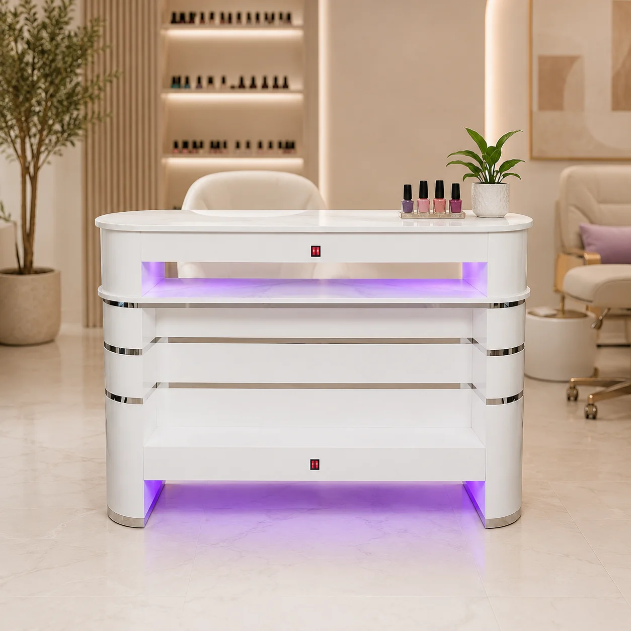 Nail Dryer Table Double Layer Marble Top 4 Integrated Fans 4 LED Lamps for Professional Nail Spa Salon Commercial Use