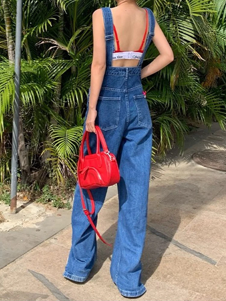 PBAP Vrouwen Denim Jumpsuit Solid Cleanfit Casual Losse Split Bib Pocket Verstelbare Bandjes Broek Algehele School Koreaanse Streetwear
