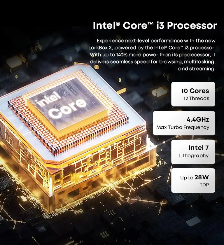 CHUWI LarkBox X Mini PC Intel Corei3-1220P 8GB RAM 256GB SSD مخرج ثلاثي الشاشة حتى 4K نظام تبريد متقدم Wifi6 Mini PC