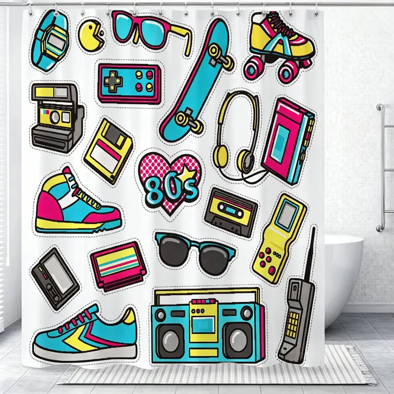 180x180cm Polyester Shower Curtain,Easy Hanging,Easy to Install,Durable,80S Retro Icons Skateboard Print,Bathroom Decor